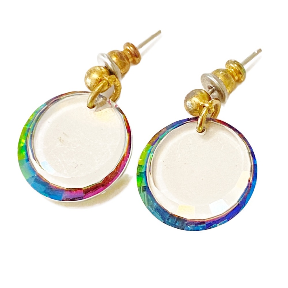 Rainbow Earrings Round Gold Tone Drop Dangle Holographic Stud